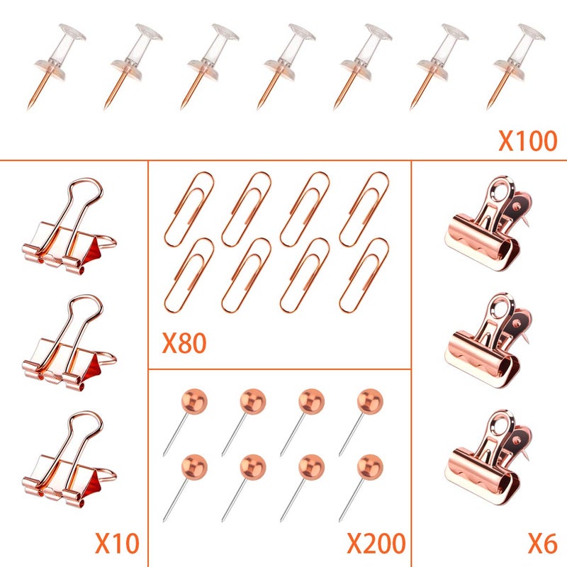 Yalis Push Pins Binder Clips Paper Clips Map Tacks Sets, 5 Styles 396 Pcs Rose Gold Pack for Office, School and Home Supplies (Pin and Clips) - Image 2